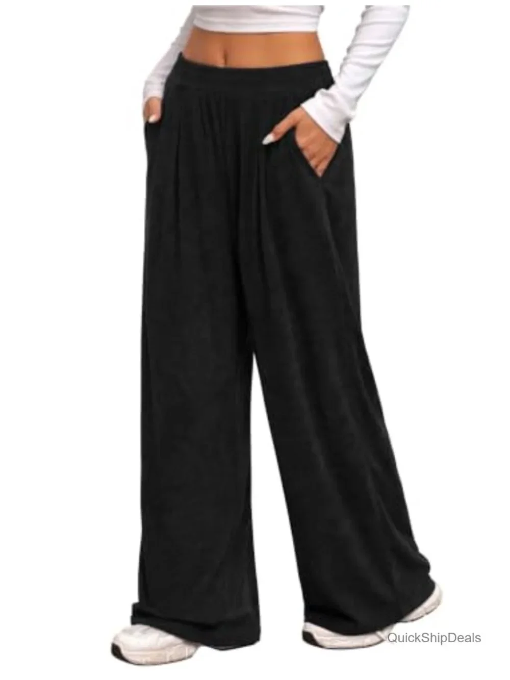 Retro Wide Leg Corduroy Pants with Pockets High Waisted Drawstring